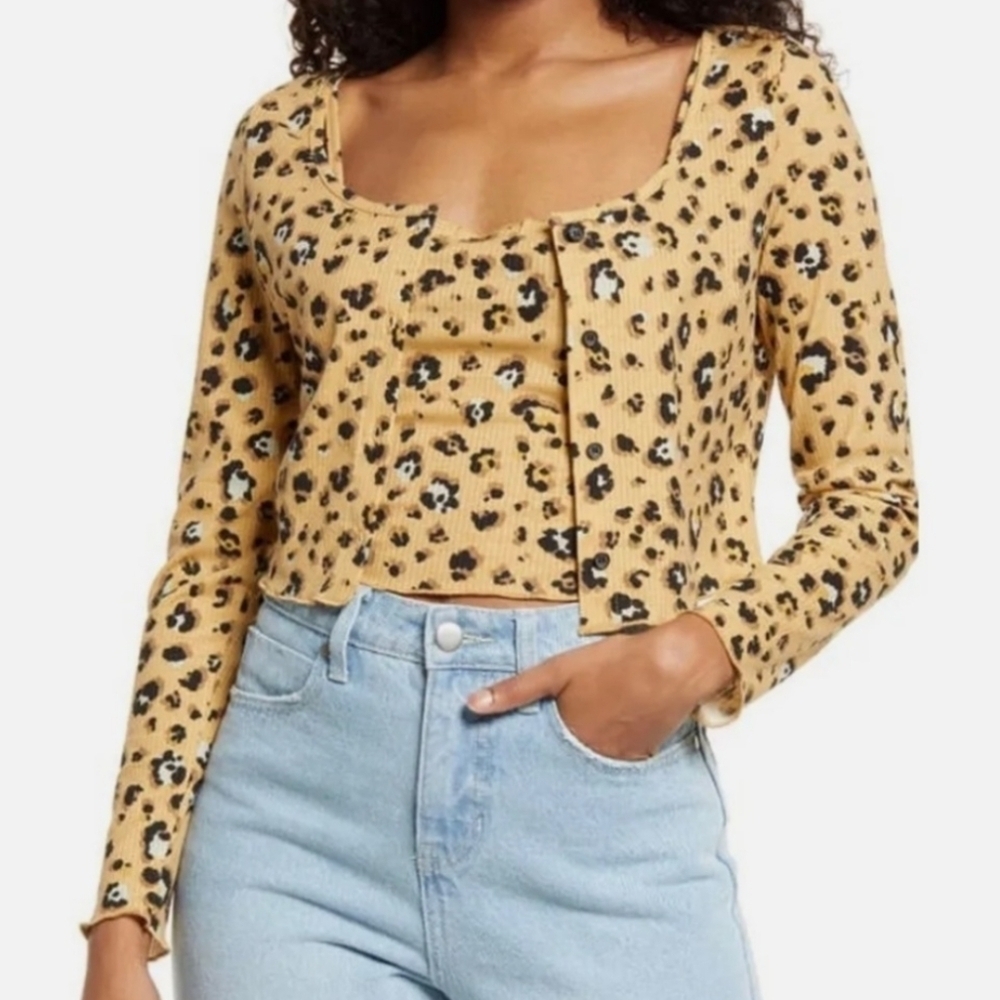 NWT Nordstrom BP Crop Ribbed Beige Leopard Print Cardigan and Cami Set Size‎ Med